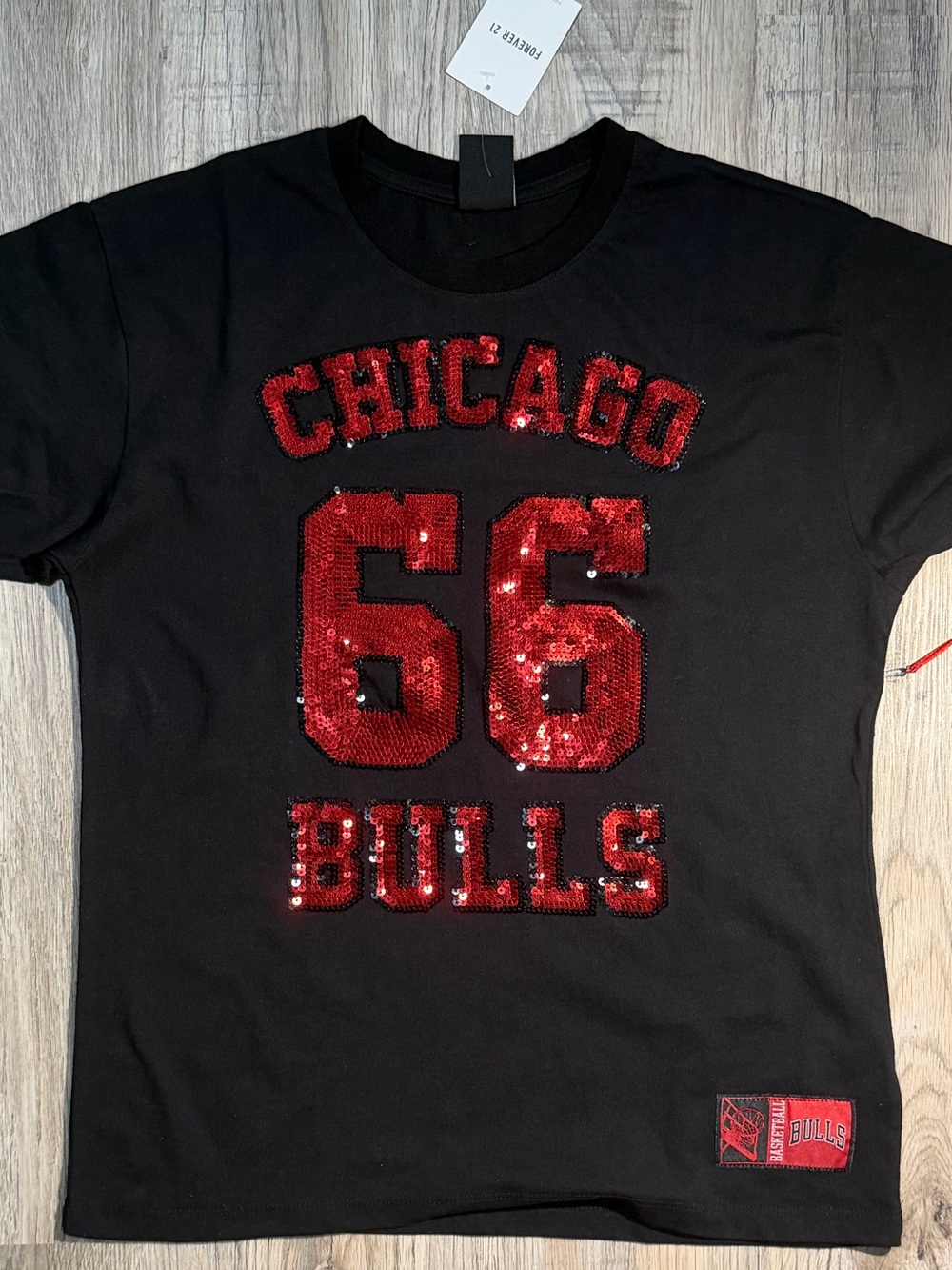 Forever 21 Black Tee with Red Sequin Chicago 66 Bulls Graphic